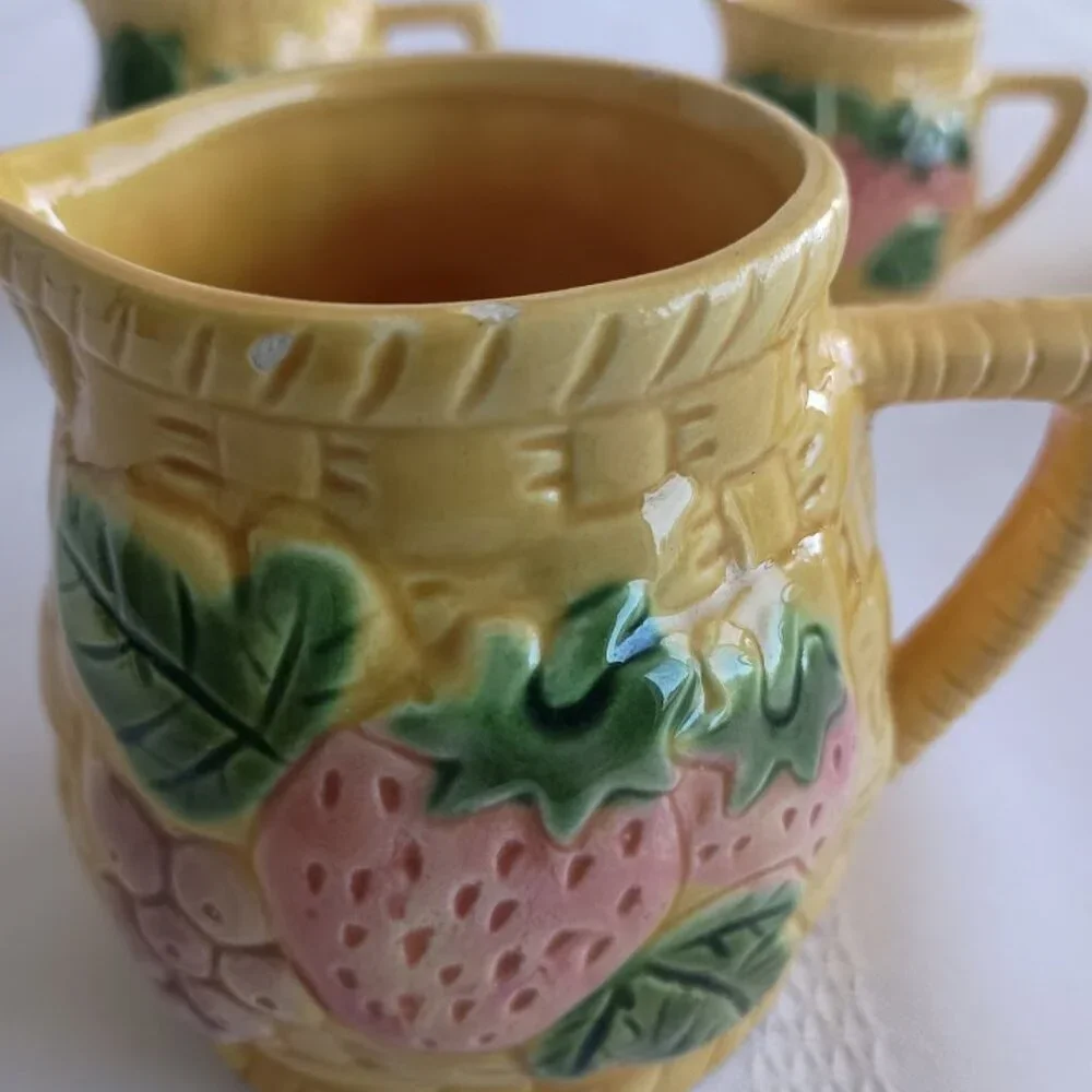 Vintage Ceramic Strawberry Basket Weave Pitcher Measuring Cup Set